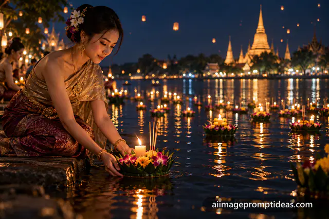 Woman releasing a candlelit krathong on a river at night, AI generated