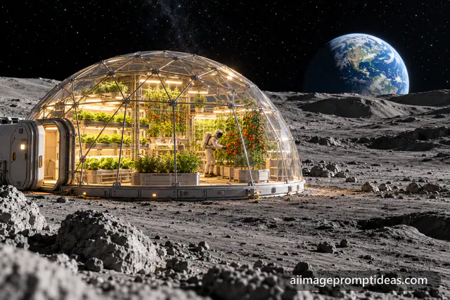 Glowing greenhouse dome on the Moon with Earth rising behind, AI generated