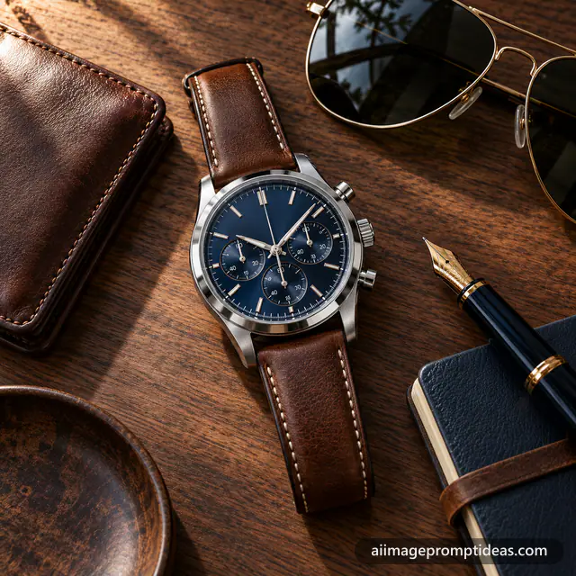 Top-down flat lay of a luxury chronograph watch with a leather wallet, sunglasses and pen on dark wood, AI generated