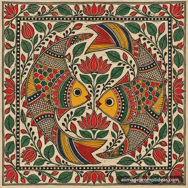 Madhubani folk painting of two stylized fish with intricate patterns and a lotus border, AI generated