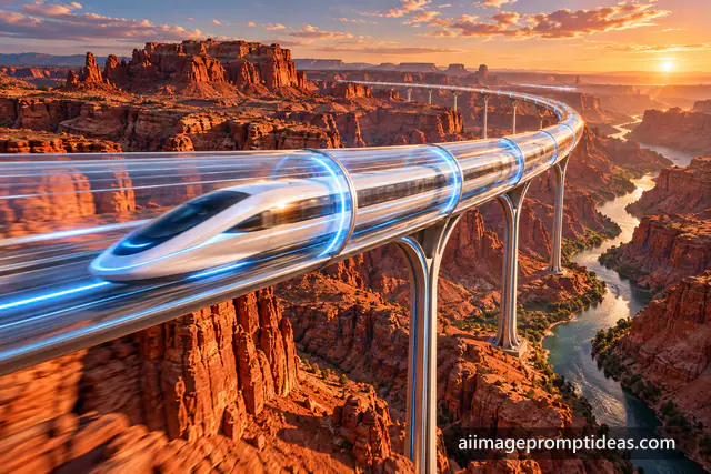 White maglev train speeding through a glass tube across a red rock canyon, AI generated