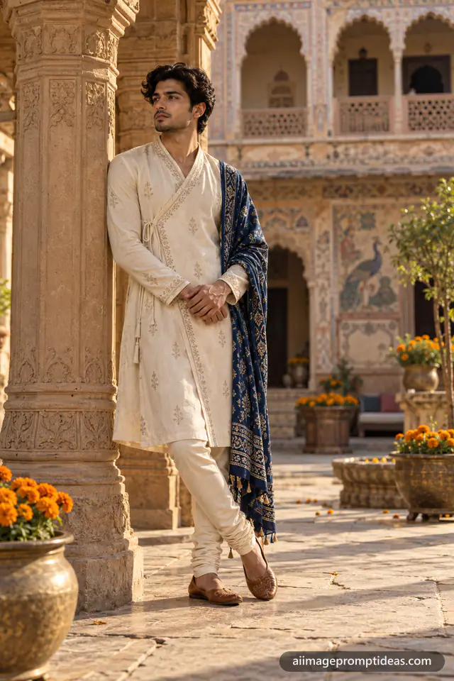 Indian man in an ivory angrakha kurta in a haveli courtyard, AI generated