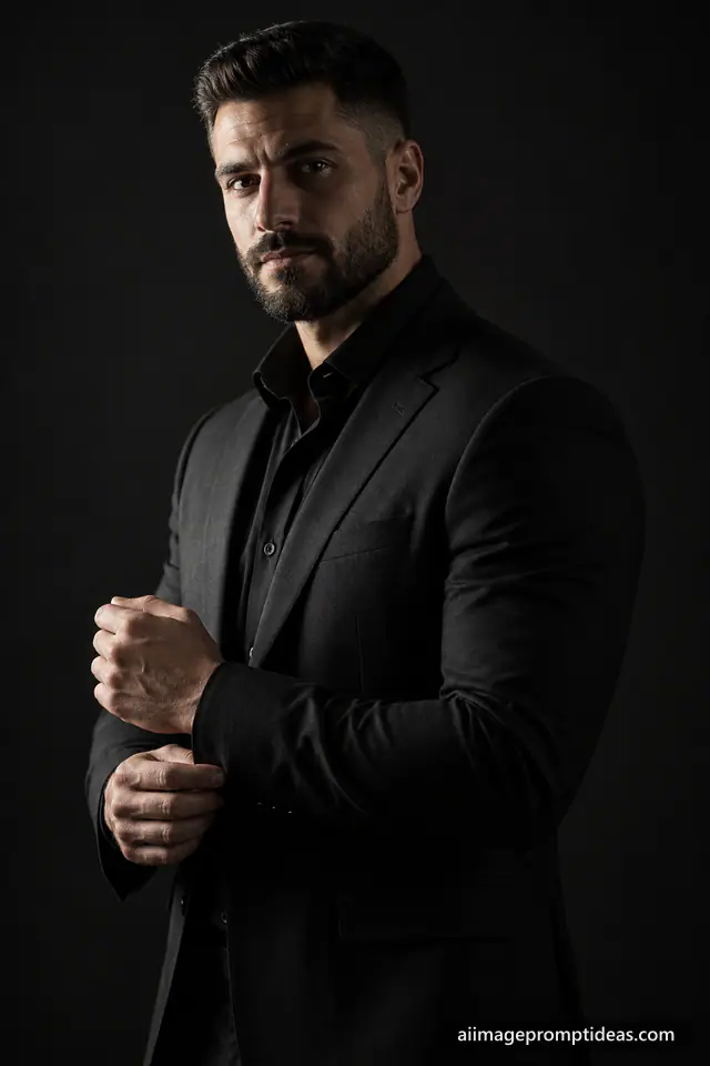 Man in a tailored black suit with dramatic side lighting on a dark studio background, AI generated