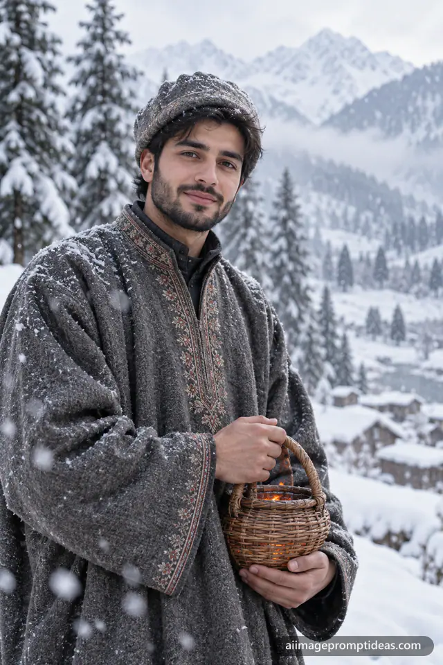 Young man in a grey Kashmiri pheran holding a kangri in falling snow with pine trees behind, AI generated