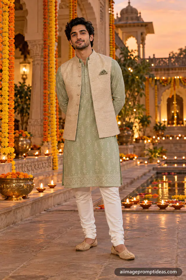 Man in a sage green kurta and beige Nehru jacket in a haveli courtyard with diyas, AI generated