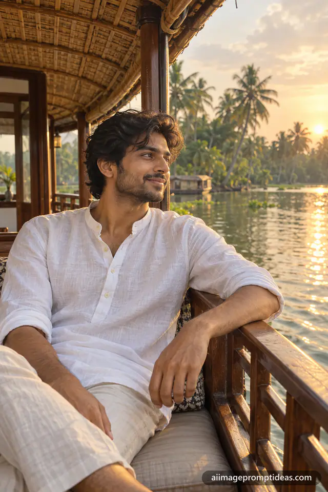 Young Indian man in a white linen kurta relaxing on a Kerala houseboat at golden hour, AI generated