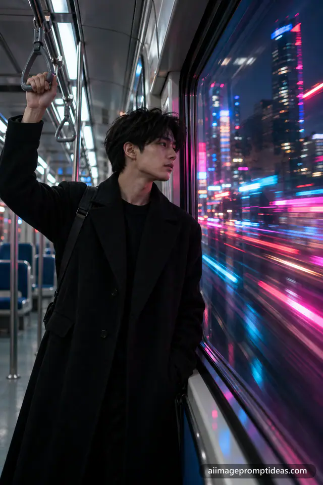 Man in a black overcoat in a metro at night with city lights streaking past the window, AI generated