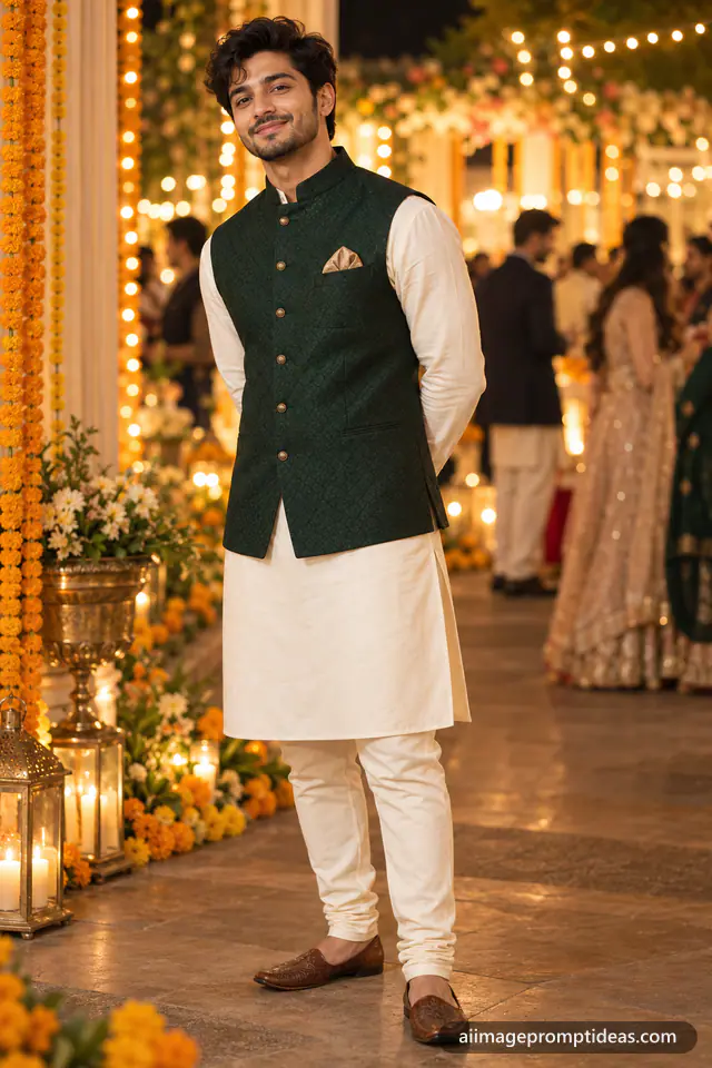 Man in a green Nehru jacket and ivory kurta at an evening wedding, AI generated