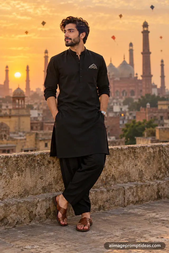Bearded man in a black pathani suit standing on an old city rooftop at golden hour, AI generated