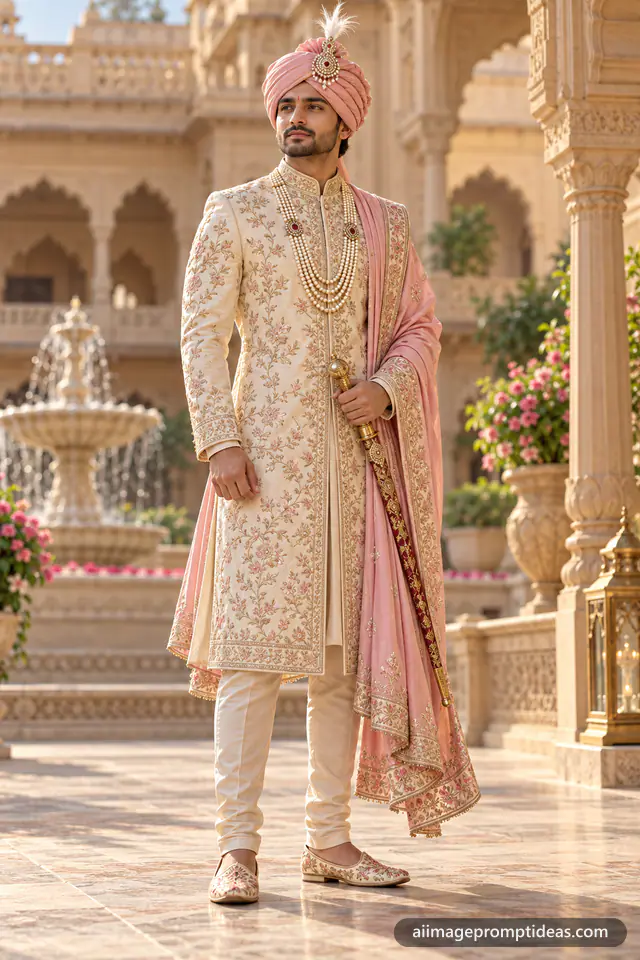 Groom in an ivory embroidered sherwani with a pink safa and pearl mala in a palace courtyard, AI generated