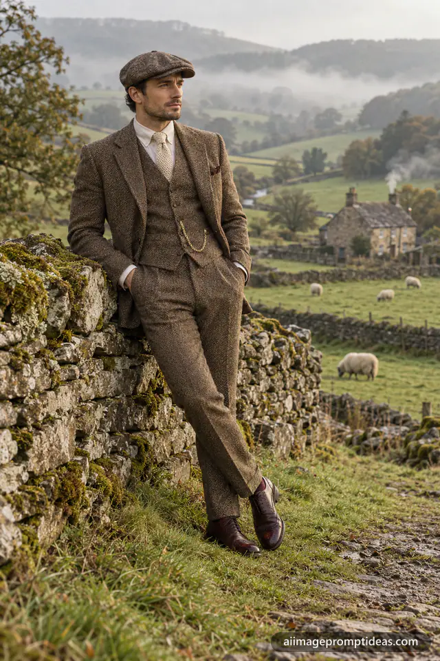 Man in a brown tweed three-piece suit by a stone wall in the English countryside, AI generated