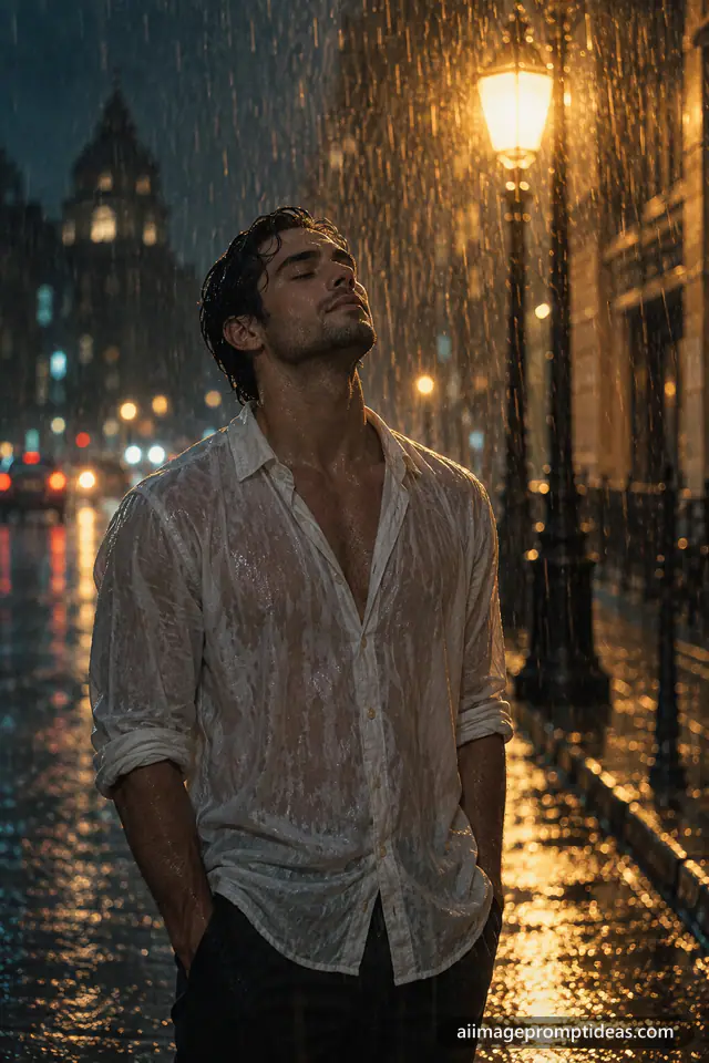 Young man in a soaked white shirt standing in heavy rain at night backlit by a street lamp, AI generated