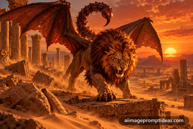 Winged manticore with scorpion tail in desert ruins at sunset, AI generated