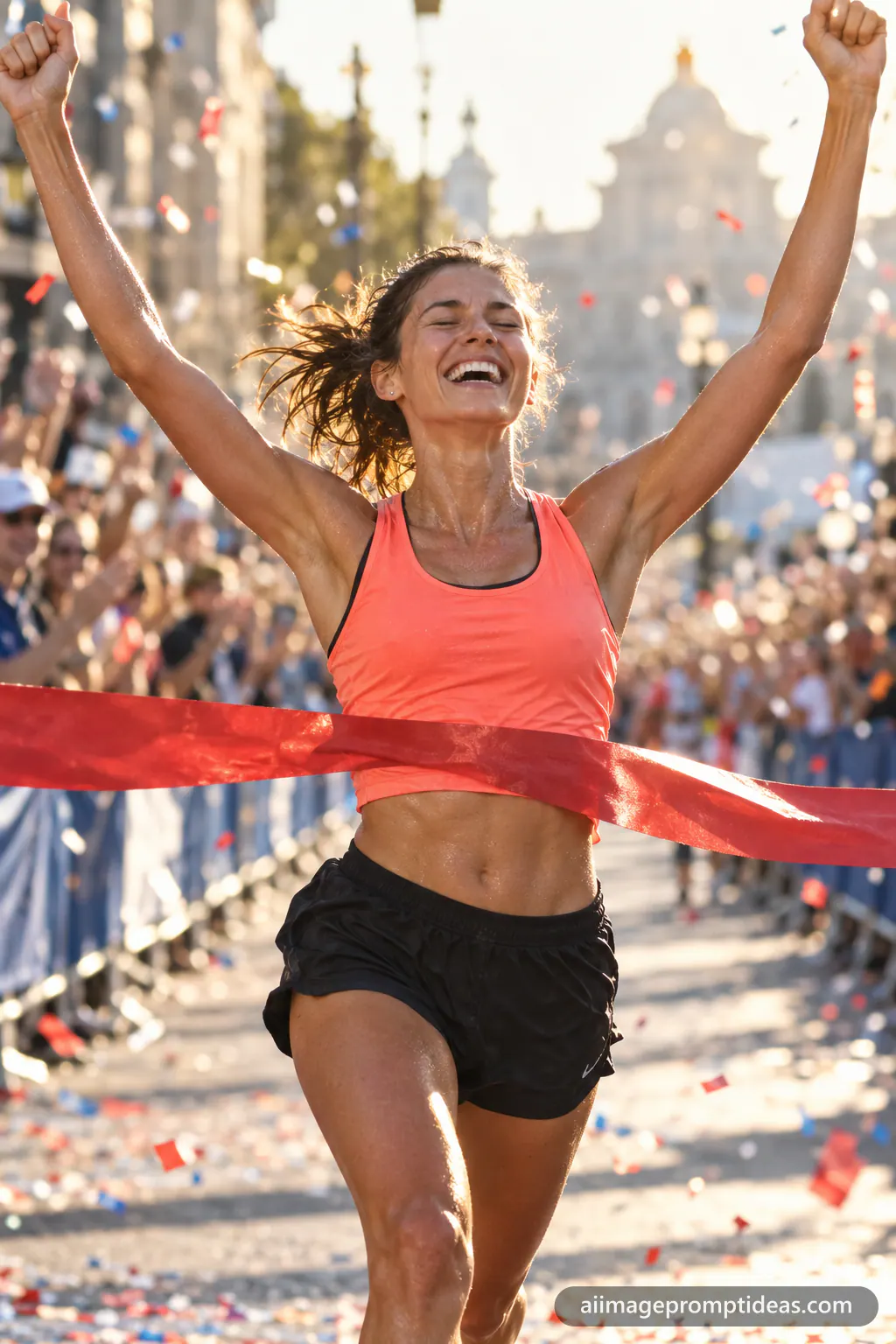 Woman marathon runner crossing the finish line with arms raised as confetti falls, AI generated