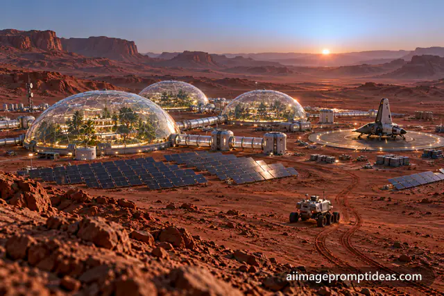 Human colony on Mars with glowing glass domes, solar panels and a rover at a blue Martian sunrise, AI generated
