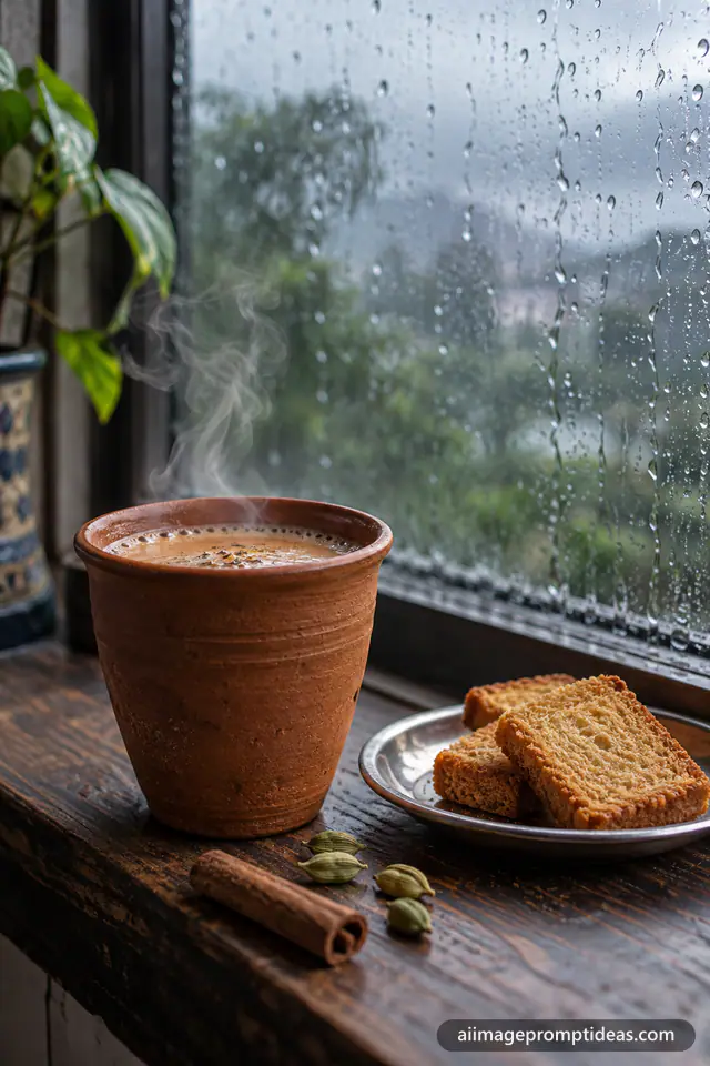 Steaming masala chai in a clay kulhad with rusks and cardamom on a rainy windowsill, AI generated