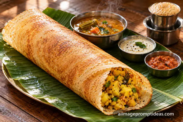 Crispy masala dosa on a banana leaf with sambar, chutneys and filter coffee, AI generated