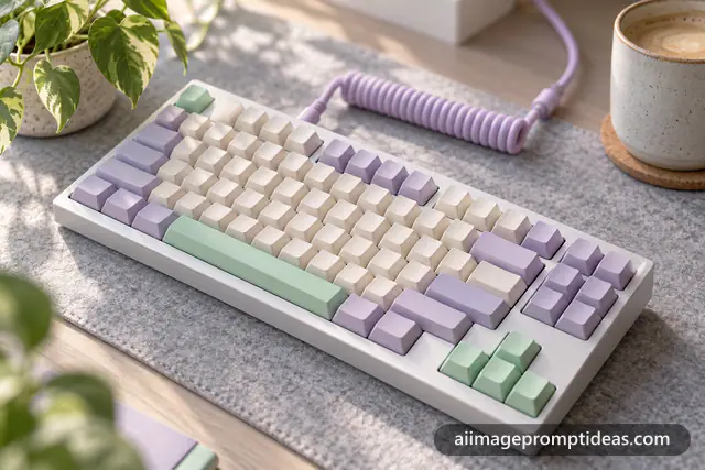 Custom mechanical keyboard with pastel keycaps and a coiled cable on a grey desk mat, AI generated