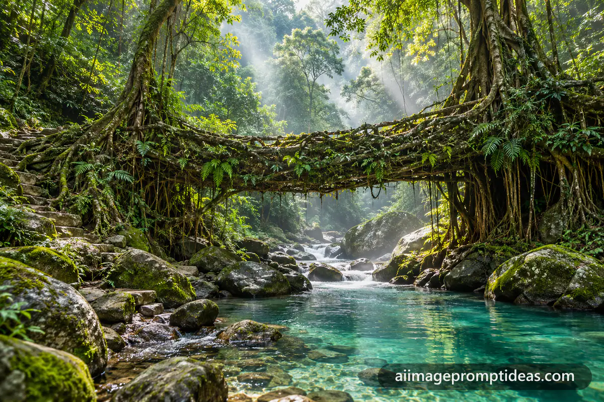 Mossy living root bridge arching over a turquoise stream in a misty Meghalaya rainforest, AI generated