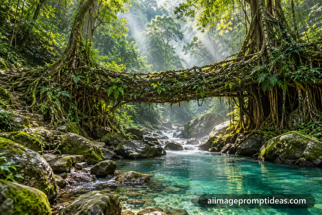 Mossy living root bridge arching over a turquoise stream in a misty Meghalaya rainforest, AI generated