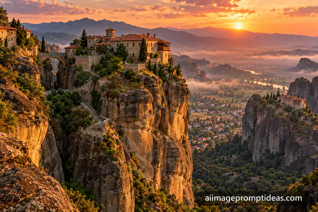Meteora monasteries on towering rock pillars at sunset, AI generated