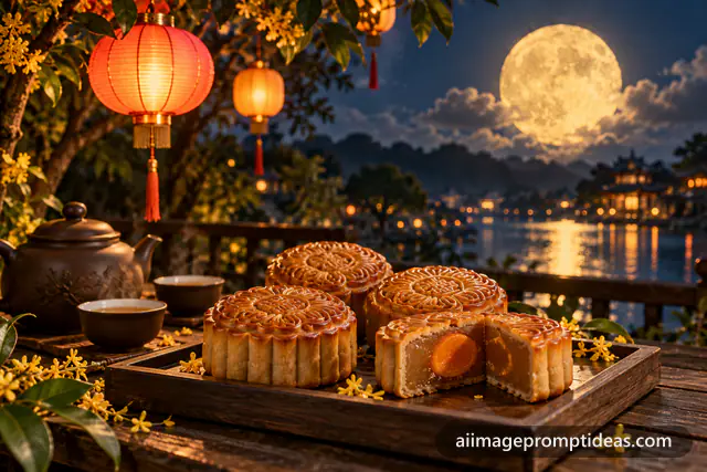 Mooncakes and tea with glowing lanterns under a full moon, AI generated