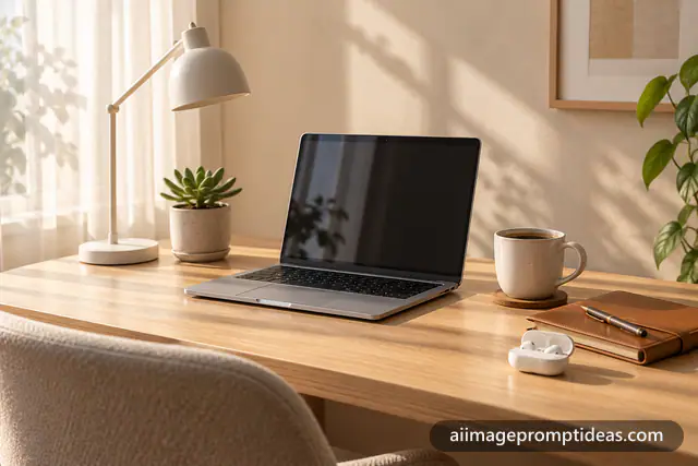 Minimal home office desk with a laptop, white lamp, succulent and coffee in morning light, AI generated