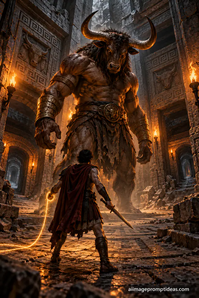 Minotaur facing a hero in a torchlit stone labyrinth, AI generated