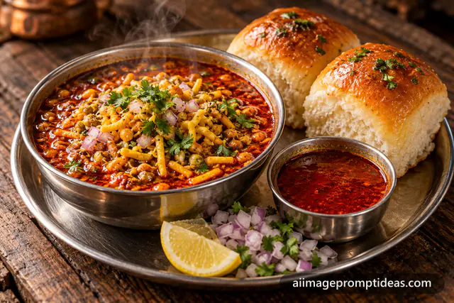 Bowl of fiery red misal topped with farsan and onions served with buttery pav, AI generated