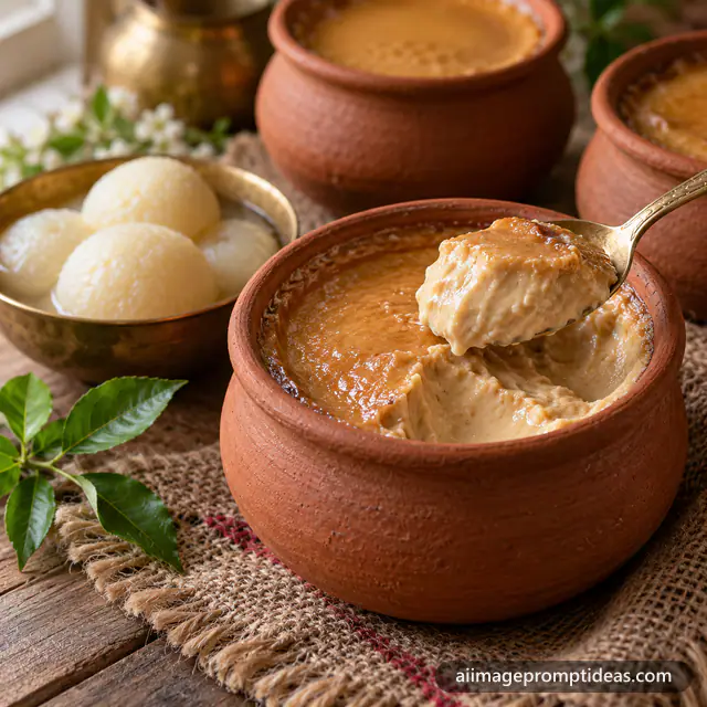 Bengali mishti doi in clay pots with a spoonful lifted, AI generated