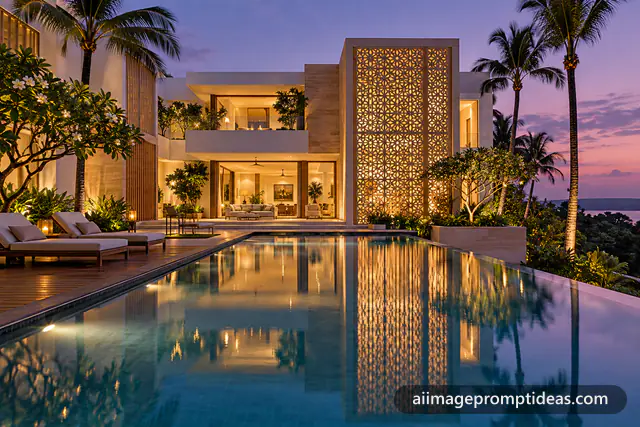 Modern Indian villa with a glowing jaali facade and infinity pool at dusk, AI generated
