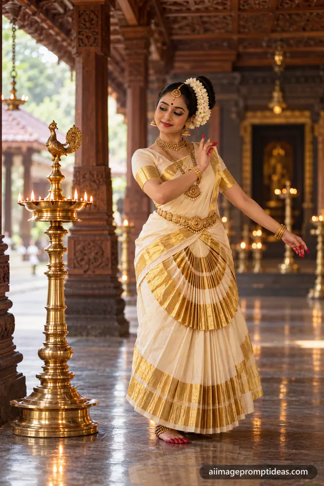 Mohiniyattam dancer in cream and gold costume beside a lit brass lamp, AI generated