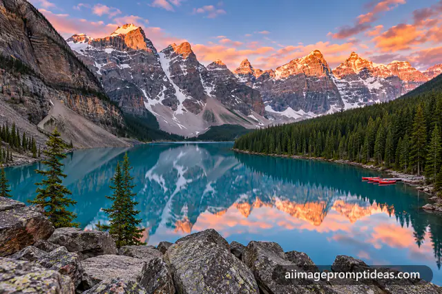Vivid turquoise Moraine Lake reflecting jagged peaks glowing at sunrise with red canoes, AI generated