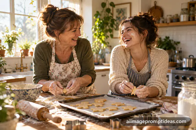 Mother and adult daughter laughing while baking cookies in a sunny kitchen, AI generated