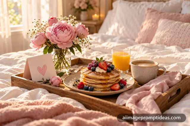 Breakfast tray with pancakes, coffee, peonies and a handmade card on a bed for Mother's Day, AI generated