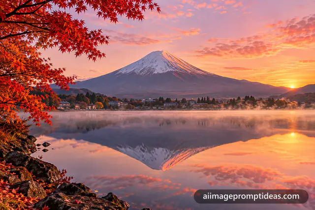 Snow-capped Mount Fuji perfectly reflected in a calm lake at a pink sunrise with autumn trees, AI generated