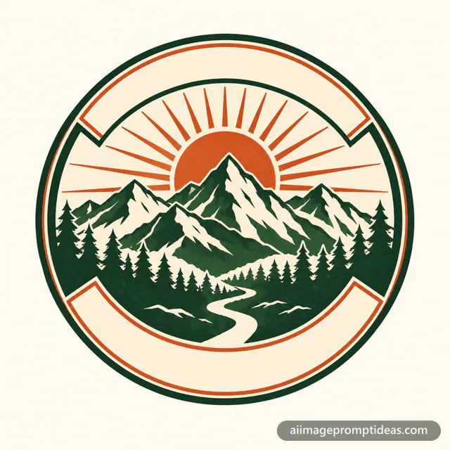 Vintage circular adventure badge logo with mountains, pine trees and a rising sun, AI generated