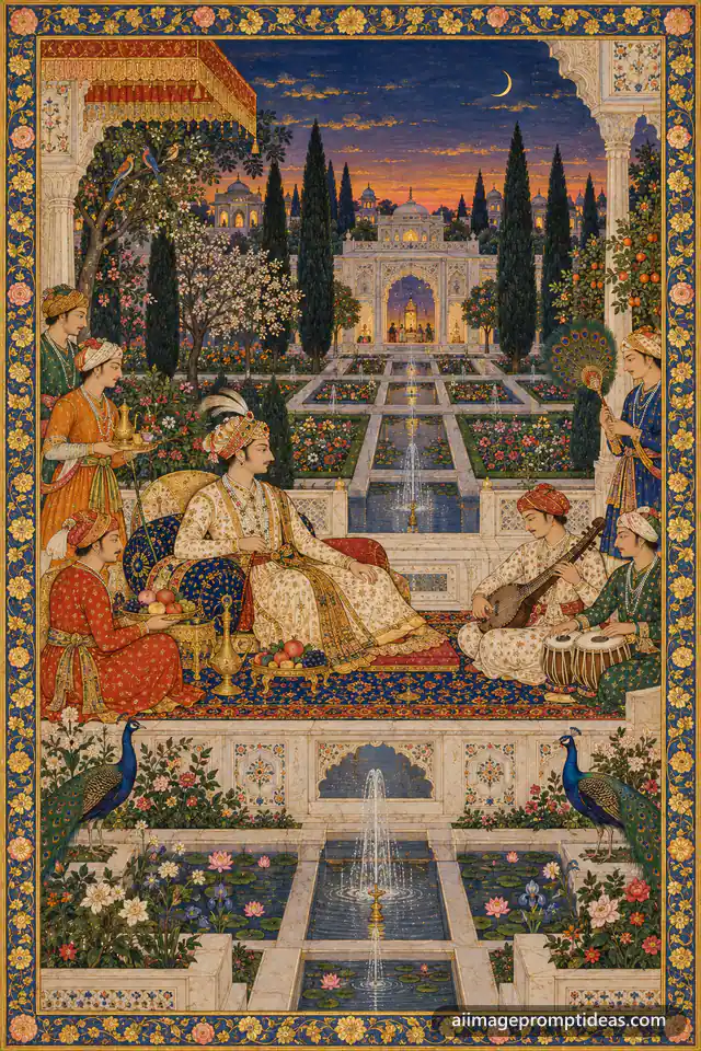 Mughal miniature style painting of a royal garden court with musicians, AI generated