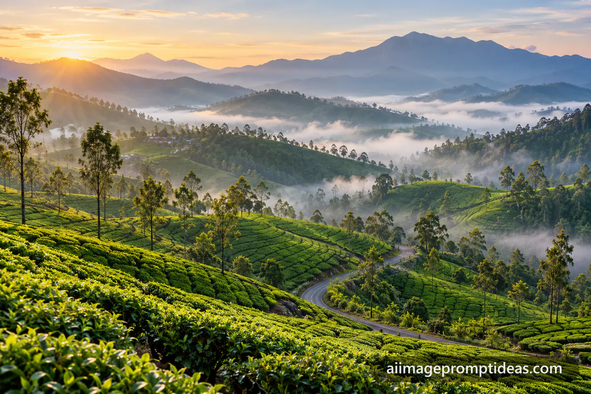Rolling green tea plantations of Munnar with morning mist, silver oak trees and a winding road, AI generated