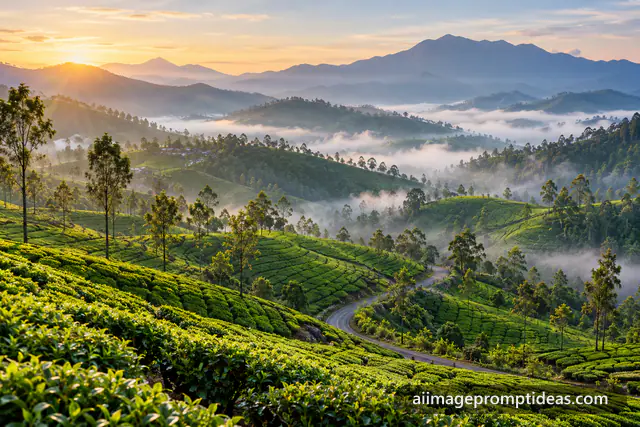 Rolling green tea plantations of Munnar with morning mist, silver oak trees and a winding road, AI generated