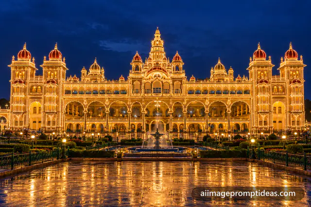 Mysore Palace outlined by thousands of golden lights at night during Dasara, AI generated