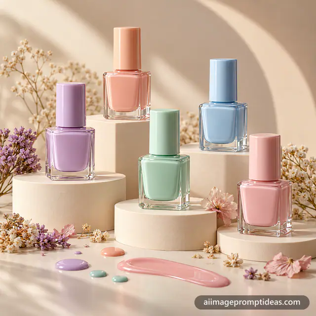 Pastel nail polish bottles on stepped podiums product shot, AI generated