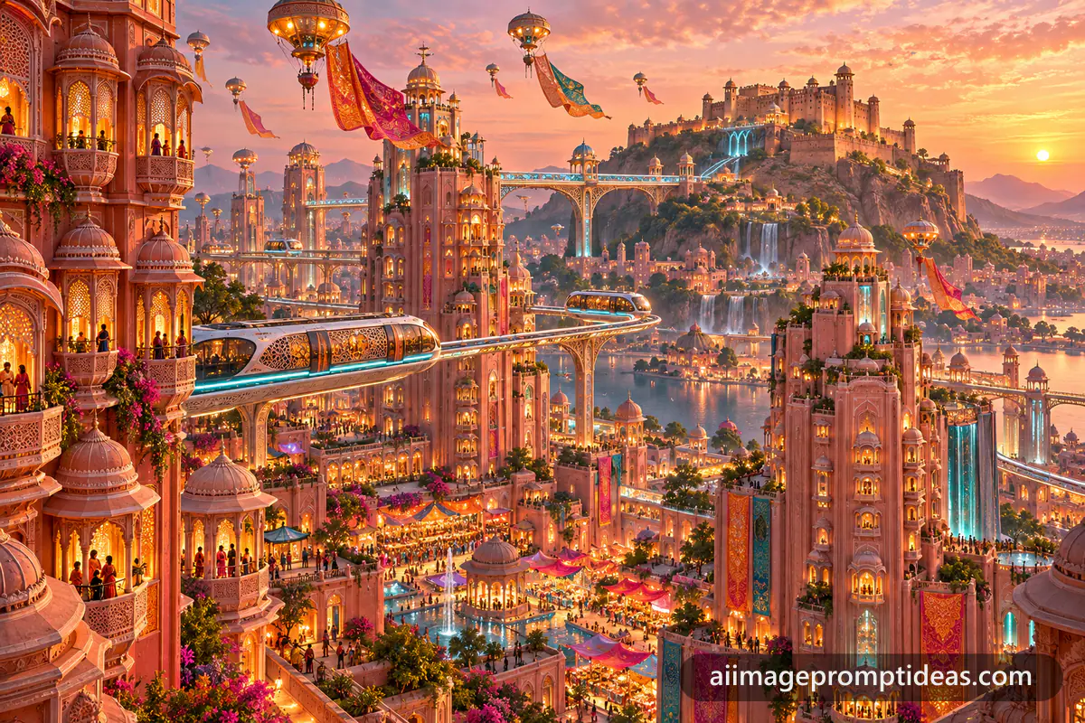 Futuristic pink sandstone Jaipur skyline with flying trams at sunset, AI generated