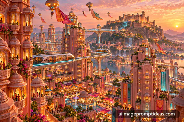 Futuristic pink sandstone Jaipur skyline with flying trams at sunset, AI generated