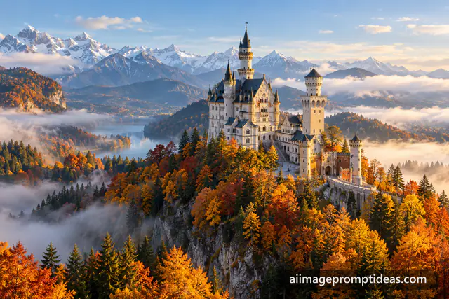 White Neuschwanstein Castle on a hill surrounded by golden autumn forest and mist, AI generated