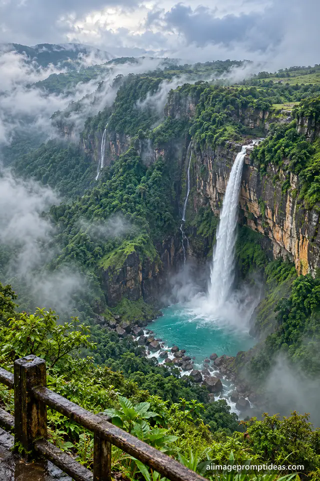 Nohkalikai waterfall plunging into a turquoise pool in misty Meghalaya, AI generated