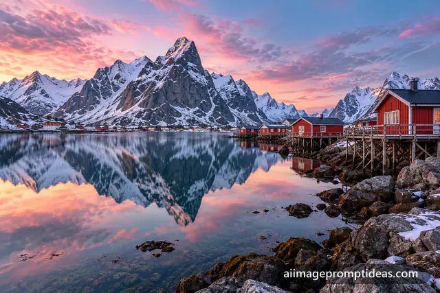 Red fishing cabins on stilts by a calm fjord with snowy mountains reflected, AI generated