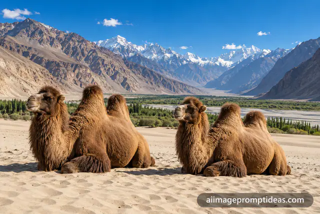 Bactrian camels resting on sand dunes in Nubra Valley with snowy Himalayan peaks behind, AI generated
