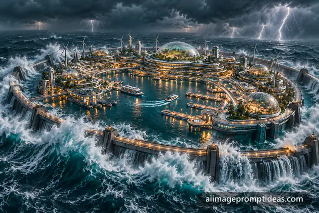 Circular floating ocean city with glass domes in a lightning storm, AI generated