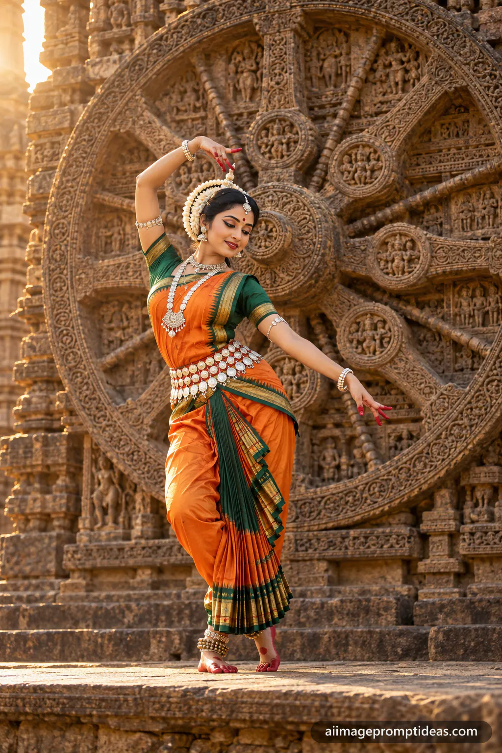 Odissi dancer in a tribhangi pose before the carved stone wheel of Konark Sun Temple, AI generated